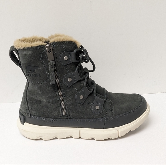 Sorel Explorer Joan Dual Zip Faux Fur Boots, Grey Suede, Women's 7.5 M - Picture 2 of 5